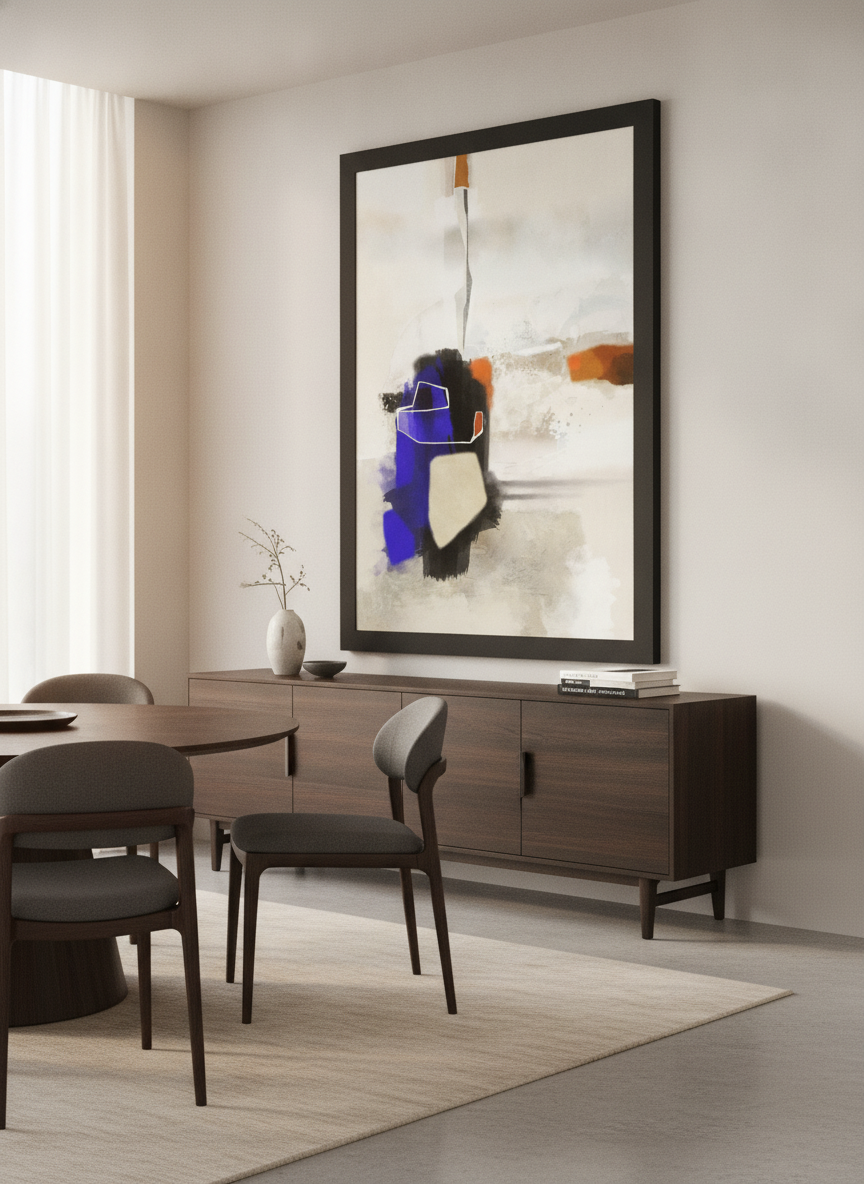 Monumental artwork centred on a feature wall in a luxe interior