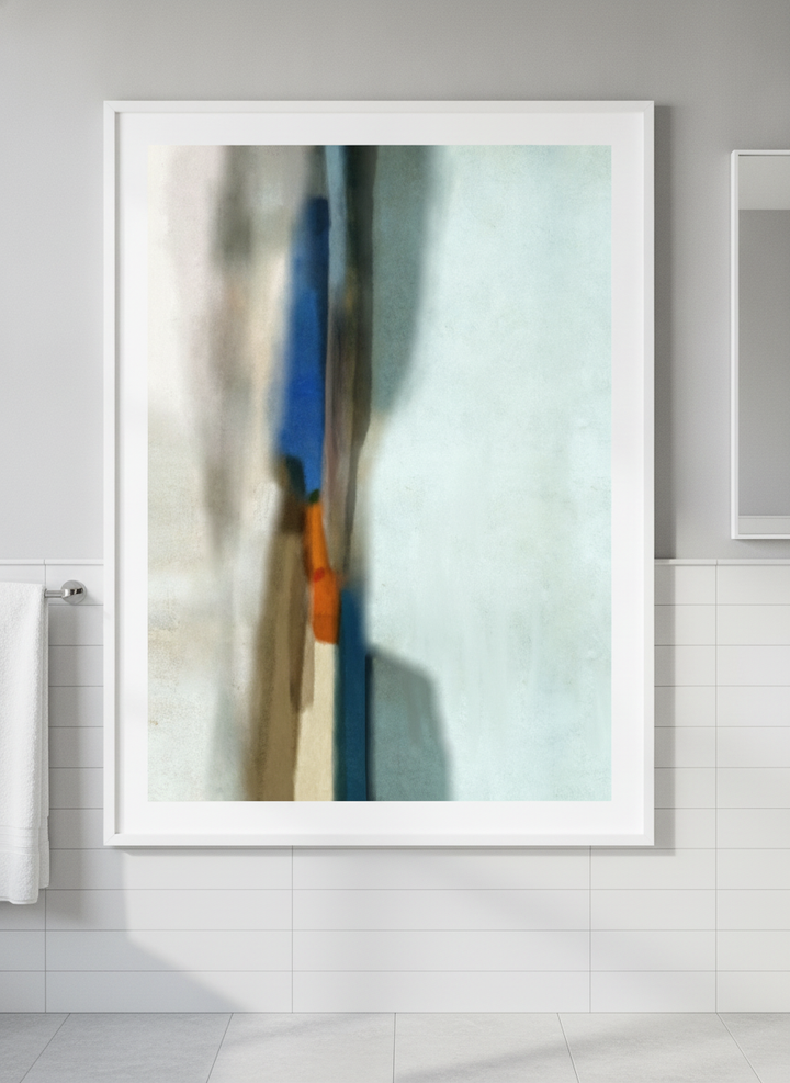 Modern print displayed in a clean minimalist bathroom setting