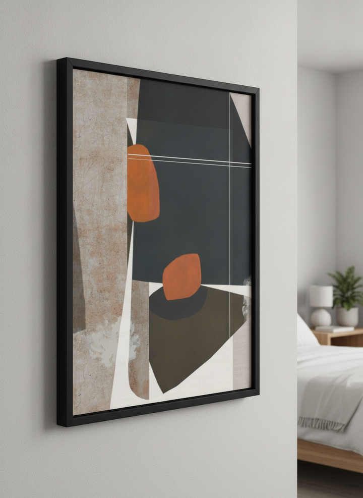 Minimalist artwork displayed in a calm, light-filled bedroom interior