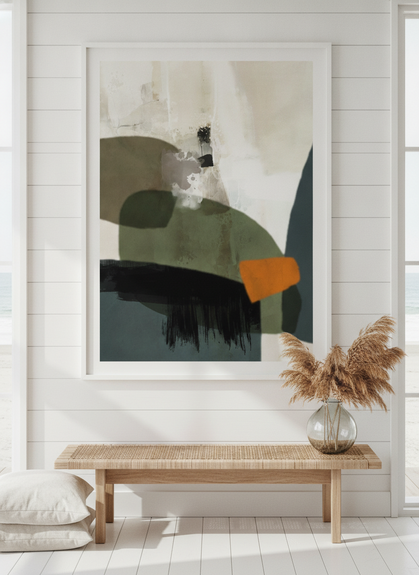 Neutral wall art displayed in a sunny coastal beach house