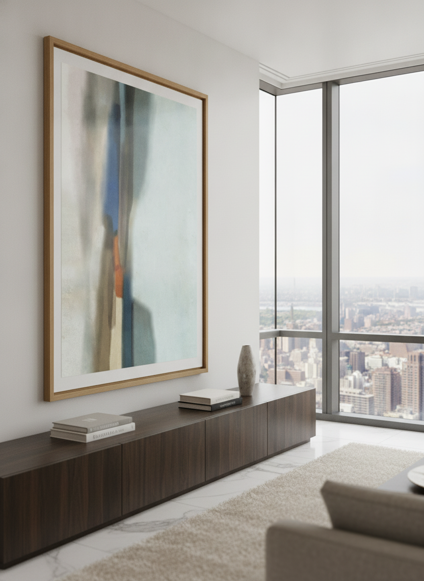 Monumental artwork centred on a feature wall in a luxe interior