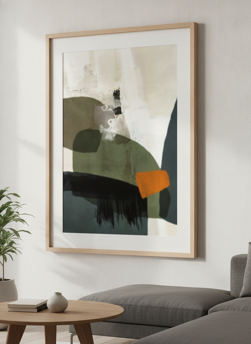 Modern wall art styled above a sofa in a neutral living room