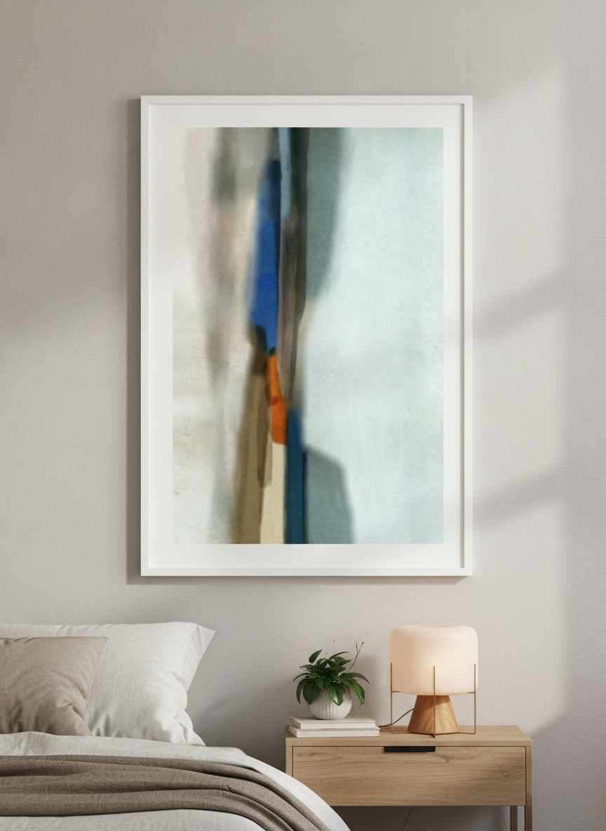 Minimalist artwork displayed in a calm, light-filled bedroom interior