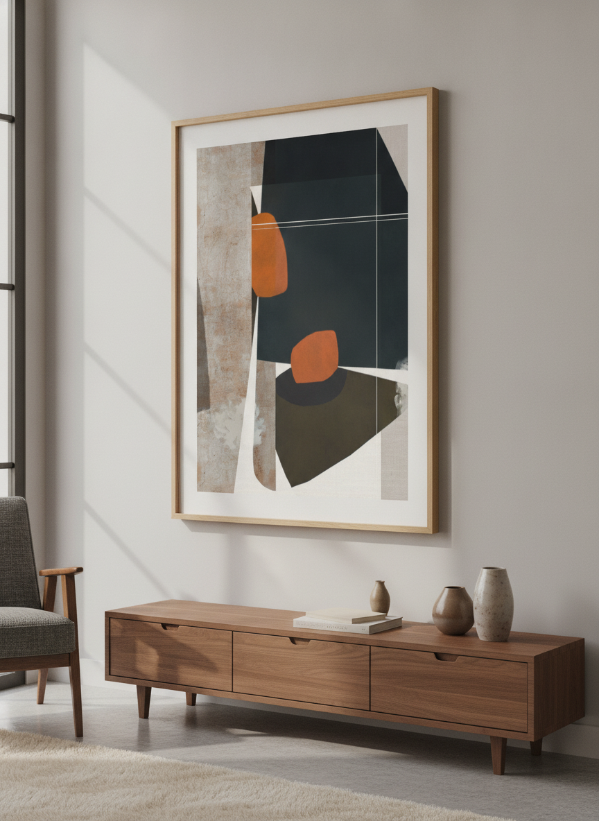 Modern wall art styled above a sofa in a neutral living room