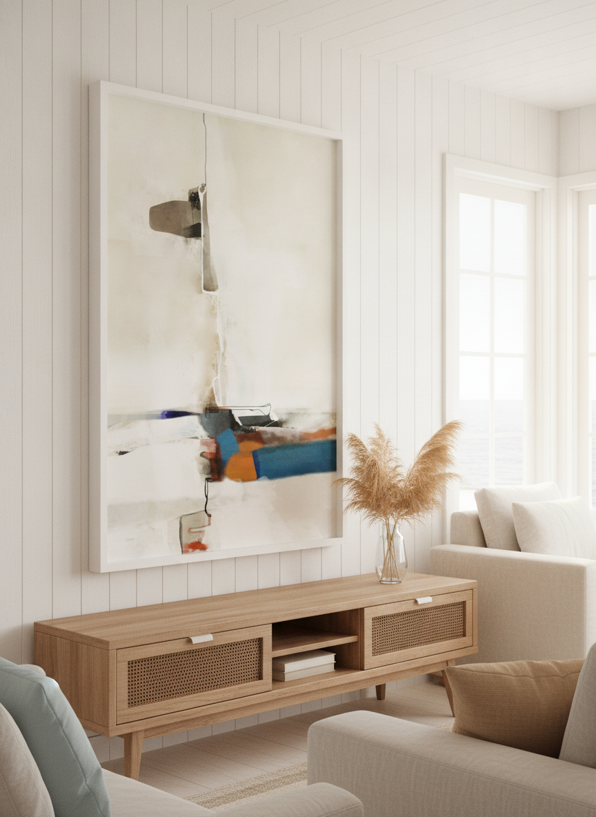 Neutral wall art displayed in a sunny coastal beach house