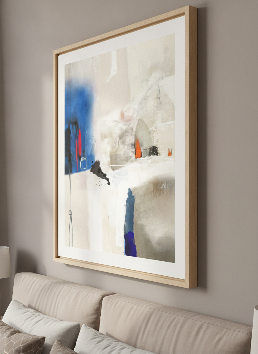 Minimalist artwork displayed in a calm, light-filled bedroom interior