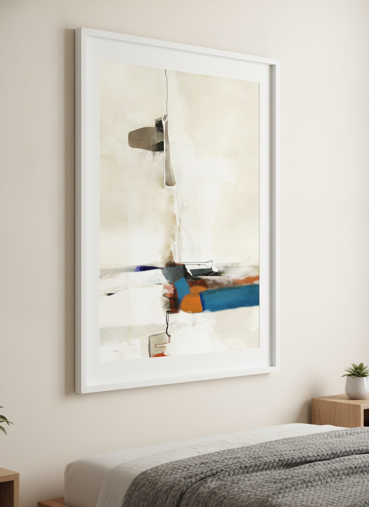 Minimalist artwork displayed in a calm, light-filled bedroom interior