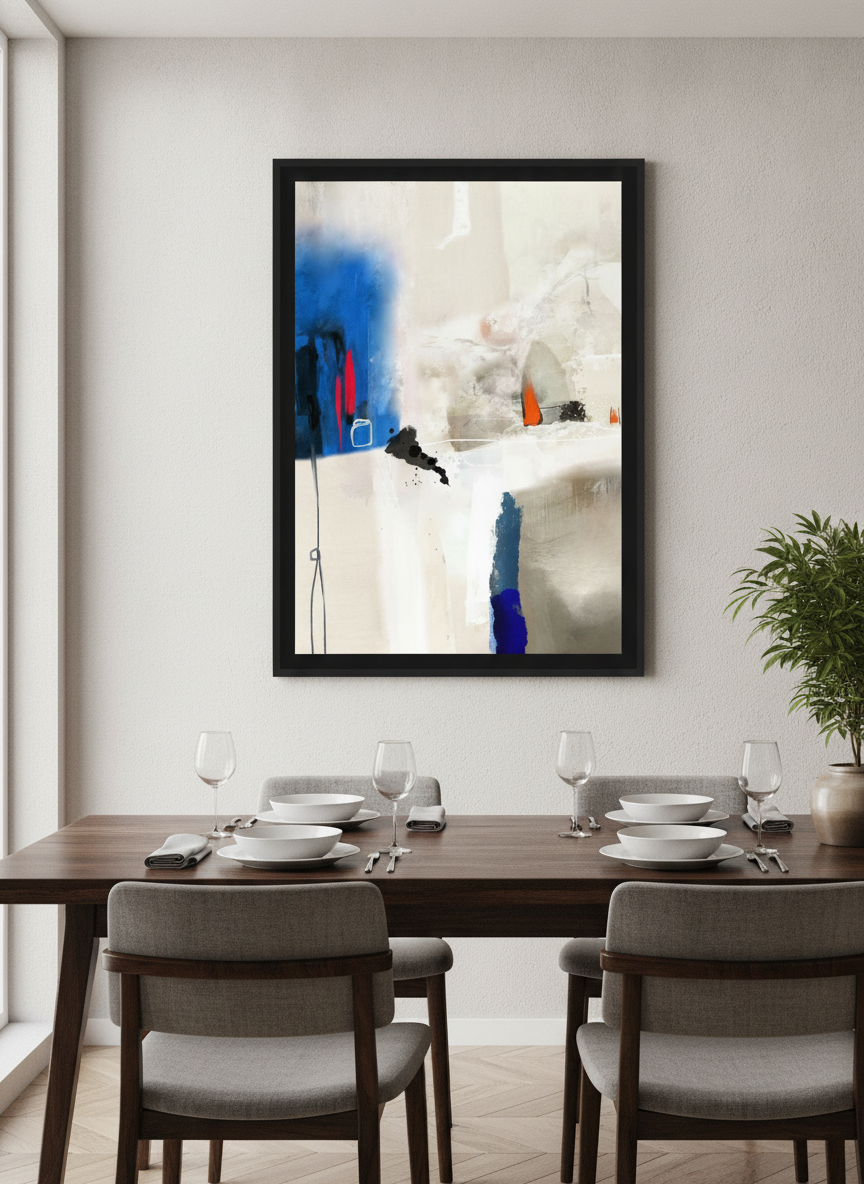 Wall art styled above a dining table in a contemporary home