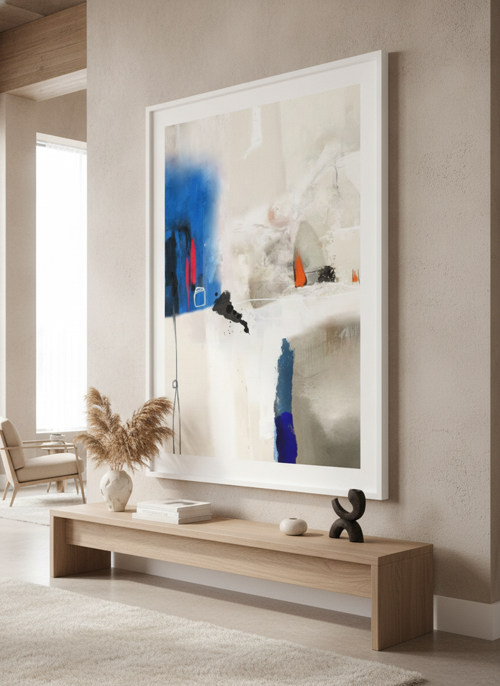 Monumental artwork centred on a feature wall in a luxe interior