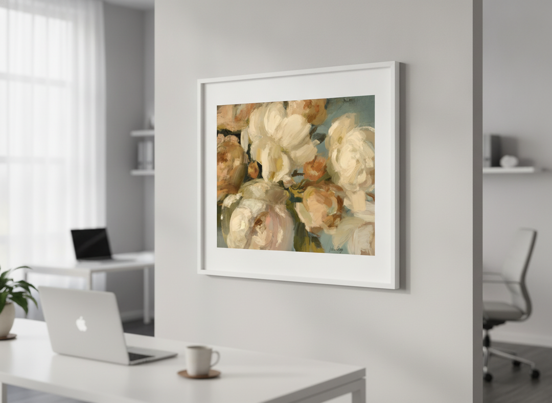 Contemporary wall art featured in a bright modern office workspace
