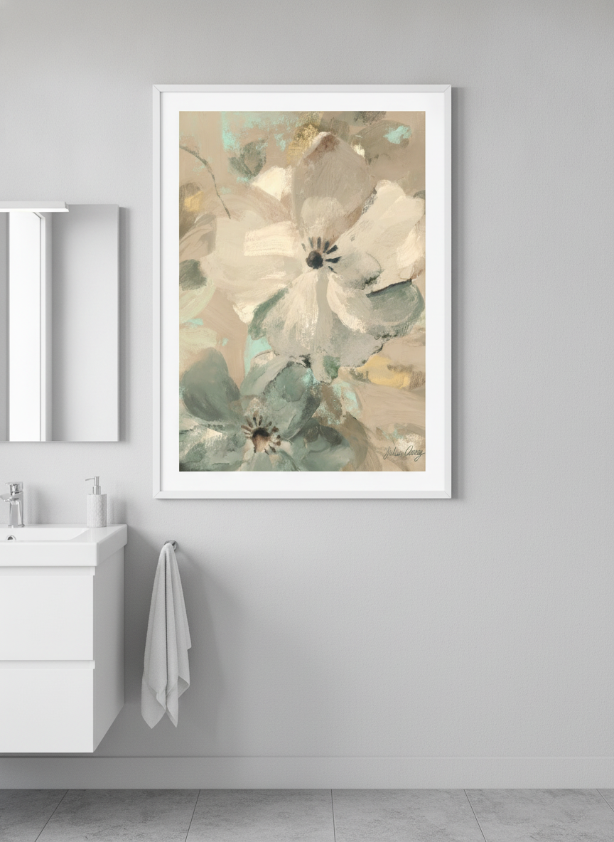Modern print displayed in a clean minimalist bathroom setting