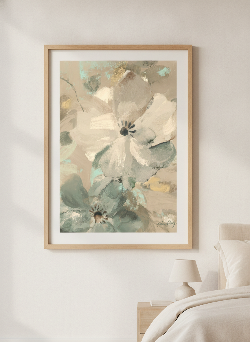 Minimalist artwork displayed in a calm, light-filled bedroom interior