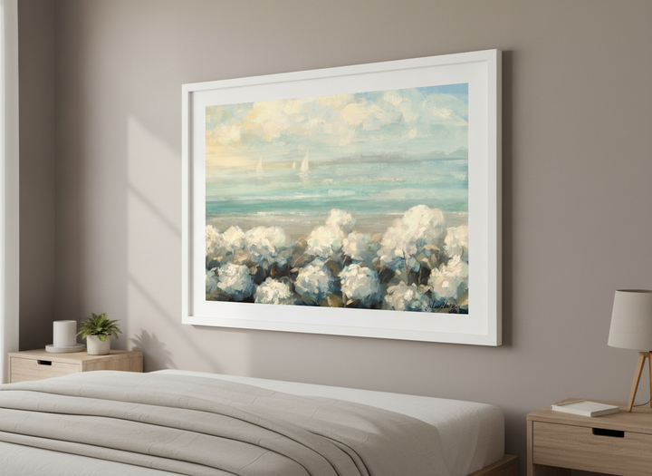 Minimalist artwork displayed in a calm, light-filled bedroom interior