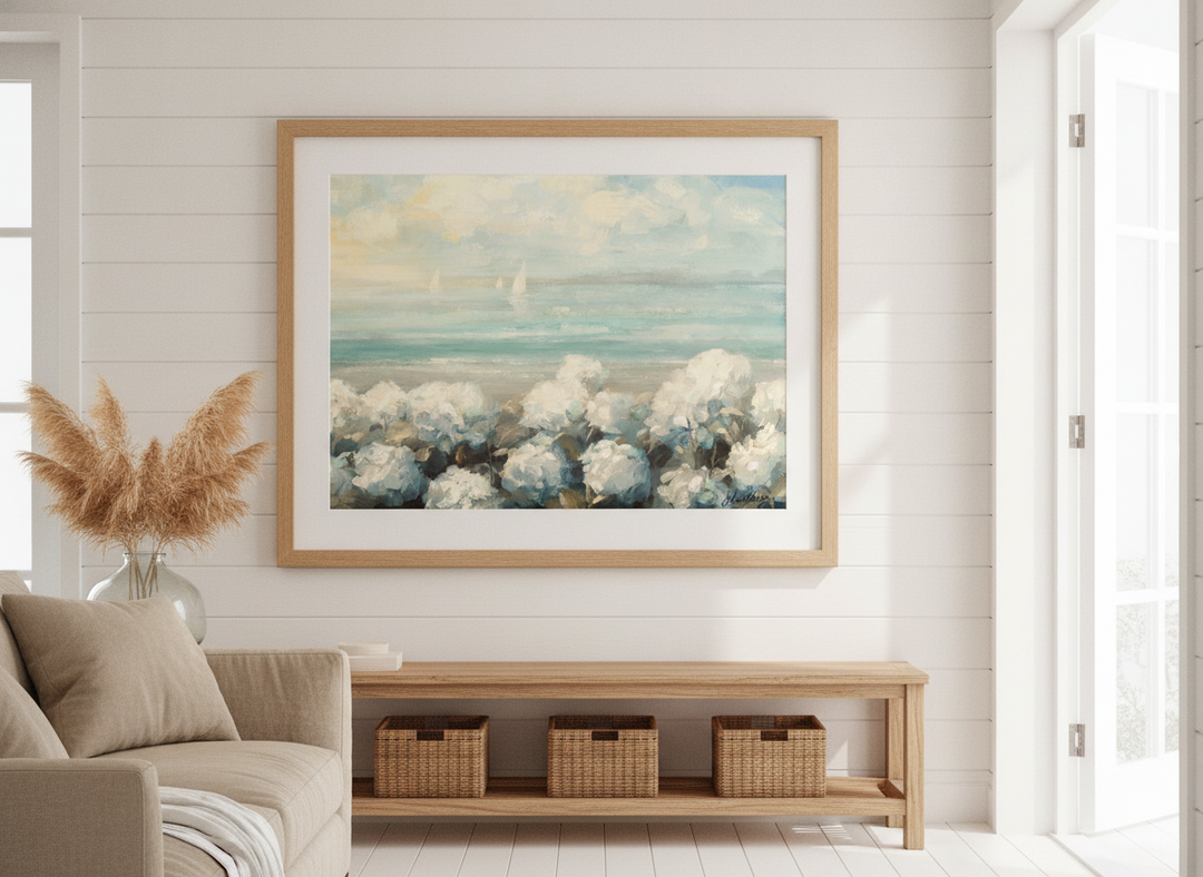 Neutral wall art displayed in a sunny coastal beach house