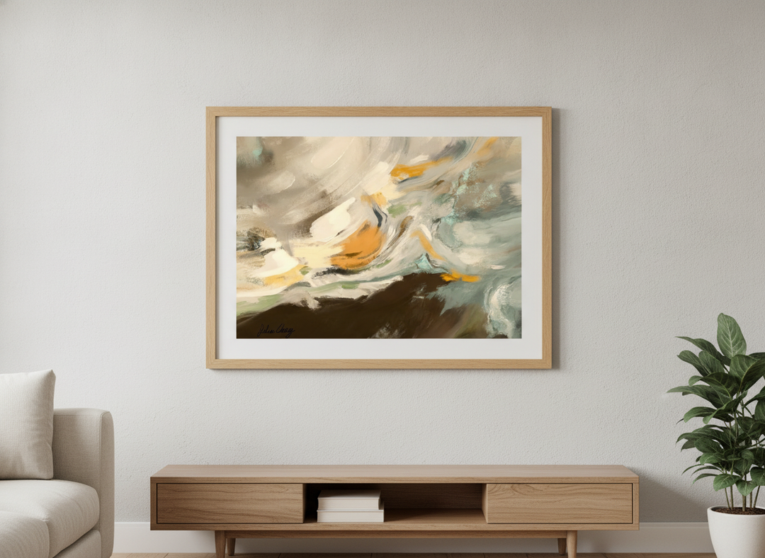 Modern wall art styled above a sofa in a neutral living room