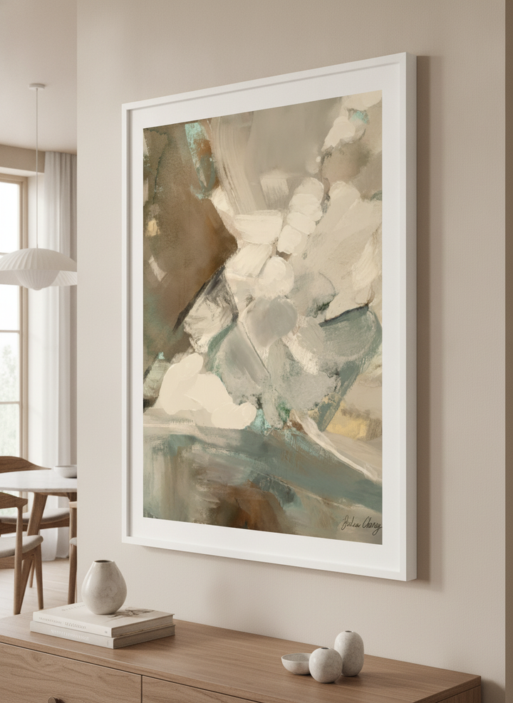 Wall art styled above a dining table in a contemporary home