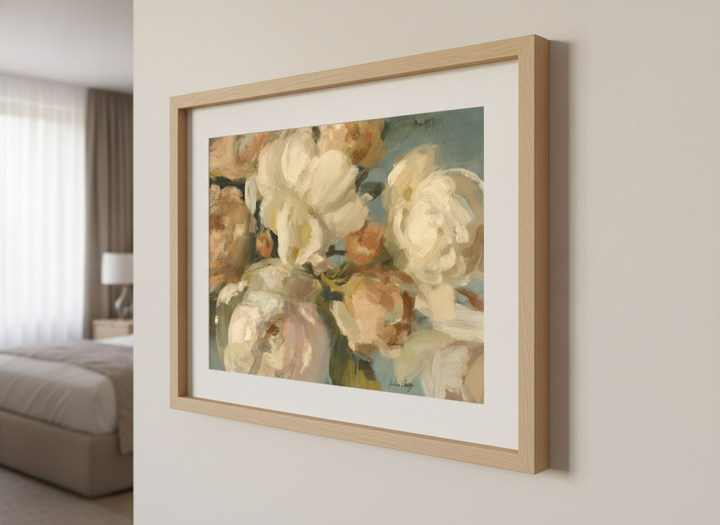 Minimalist artwork displayed in a calm, light-filled bedroom interior