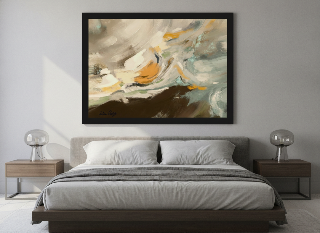 Minimalist artwork displayed in a calm, light-filled bedroom interior