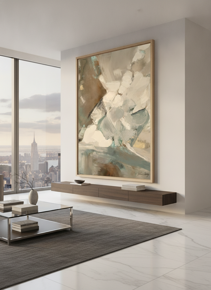 Monumental artwork centred on a feature wall in a luxe interior