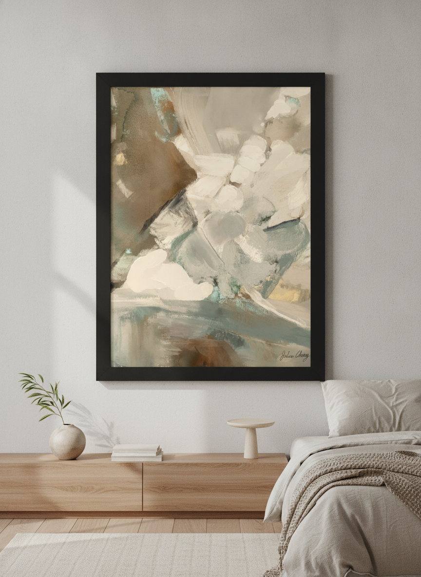 Minimalist artwork displayed in a calm, light-filled bedroom interior