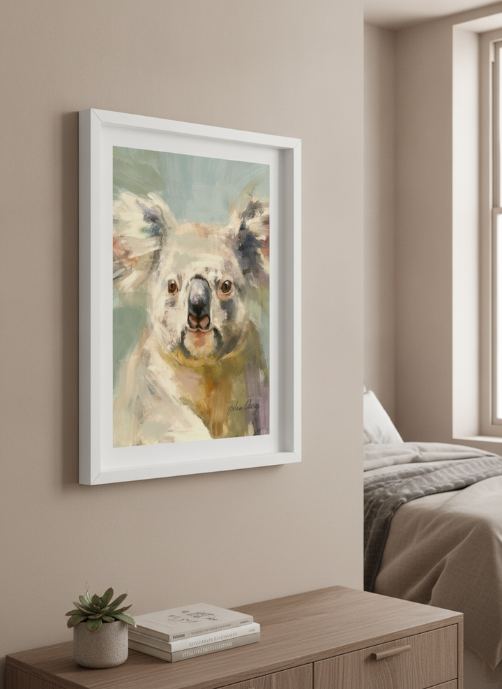 Minimalist artwork displayed in a calm, light-filled bedroom interior