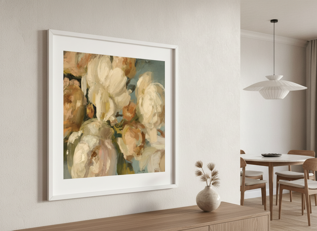 Wall art styled above a dining table in a contemporary home
