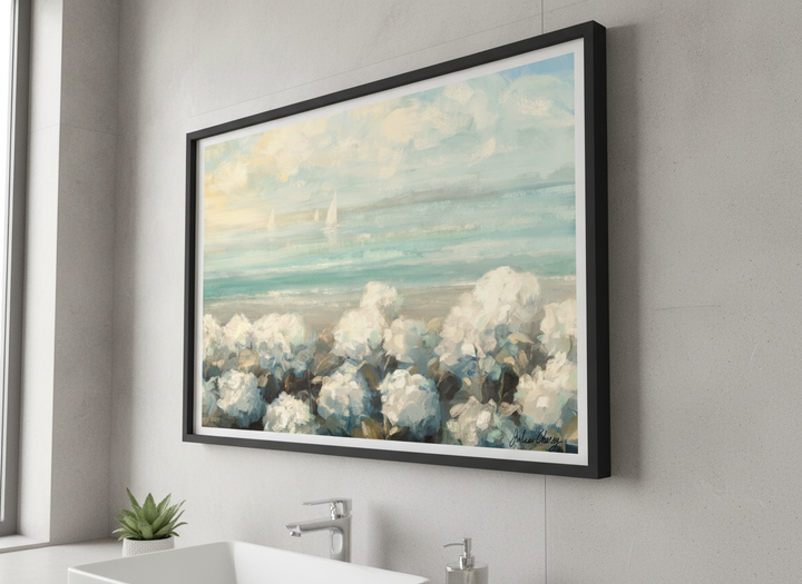 Modern print displayed in a clean minimalist bathroom setting