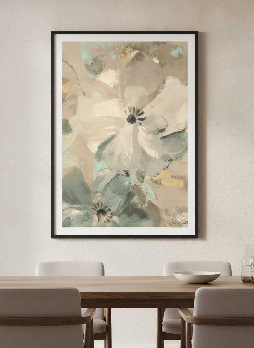 Wall art styled above a dining table in a contemporary home