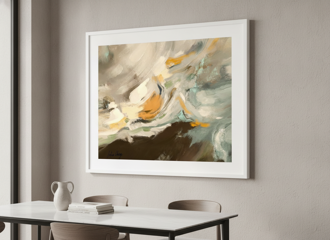 Wall art styled above a dining table in a contemporary home