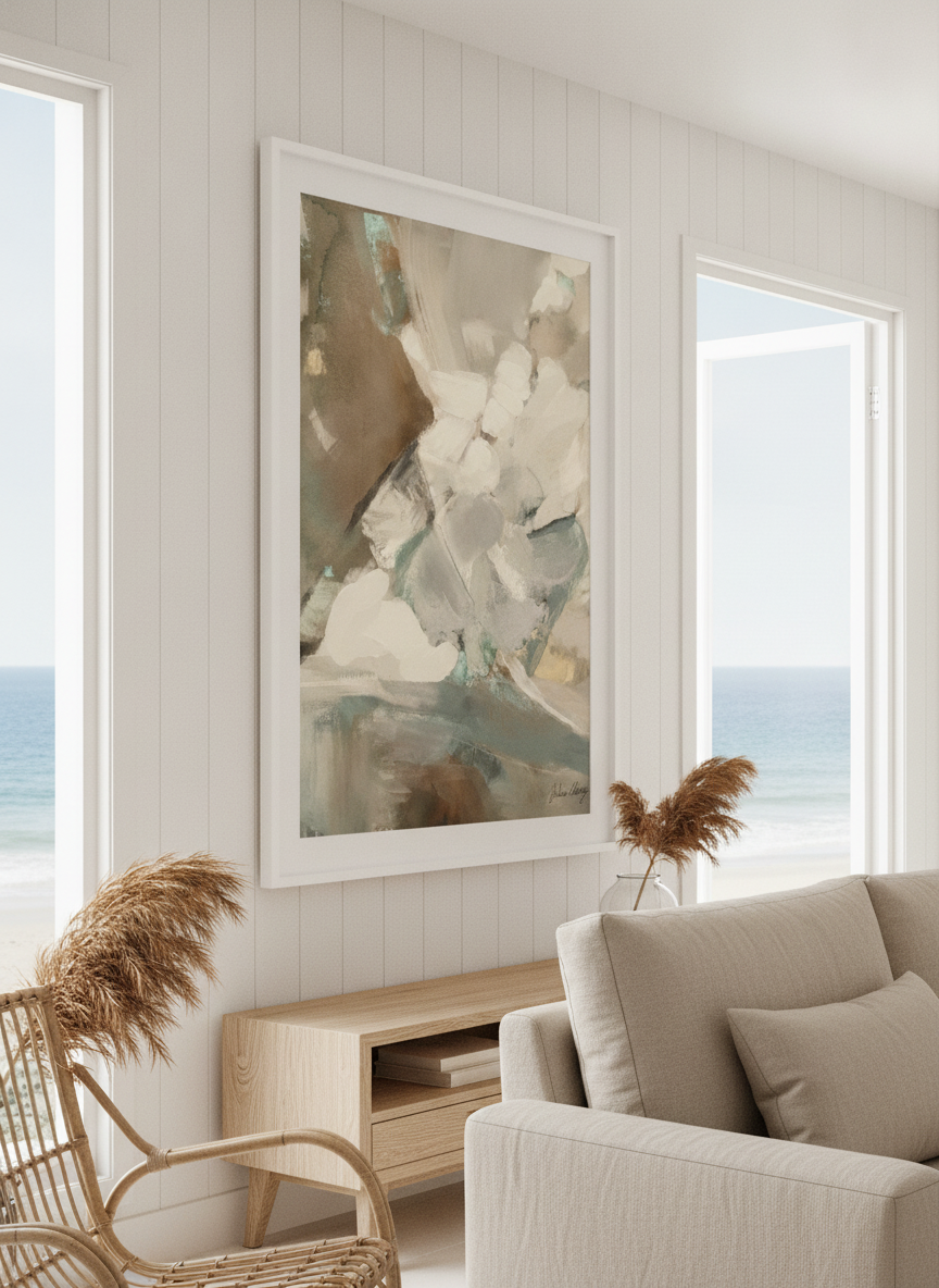 Neutral wall art displayed in a sunny coastal beach house