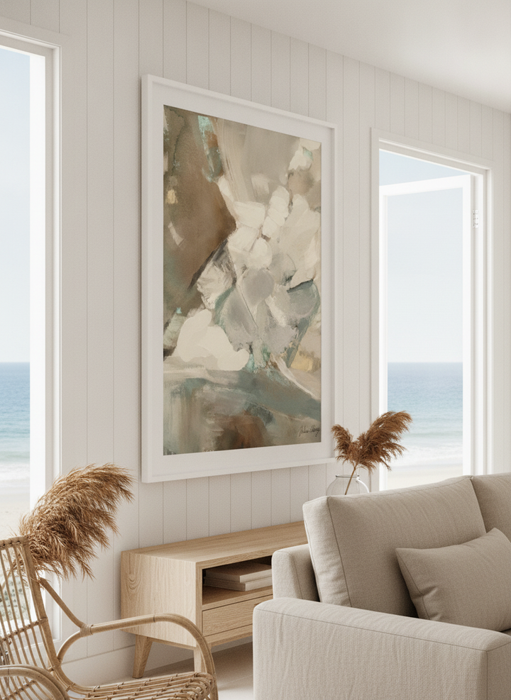 Neutral wall art displayed in a sunny coastal beach house