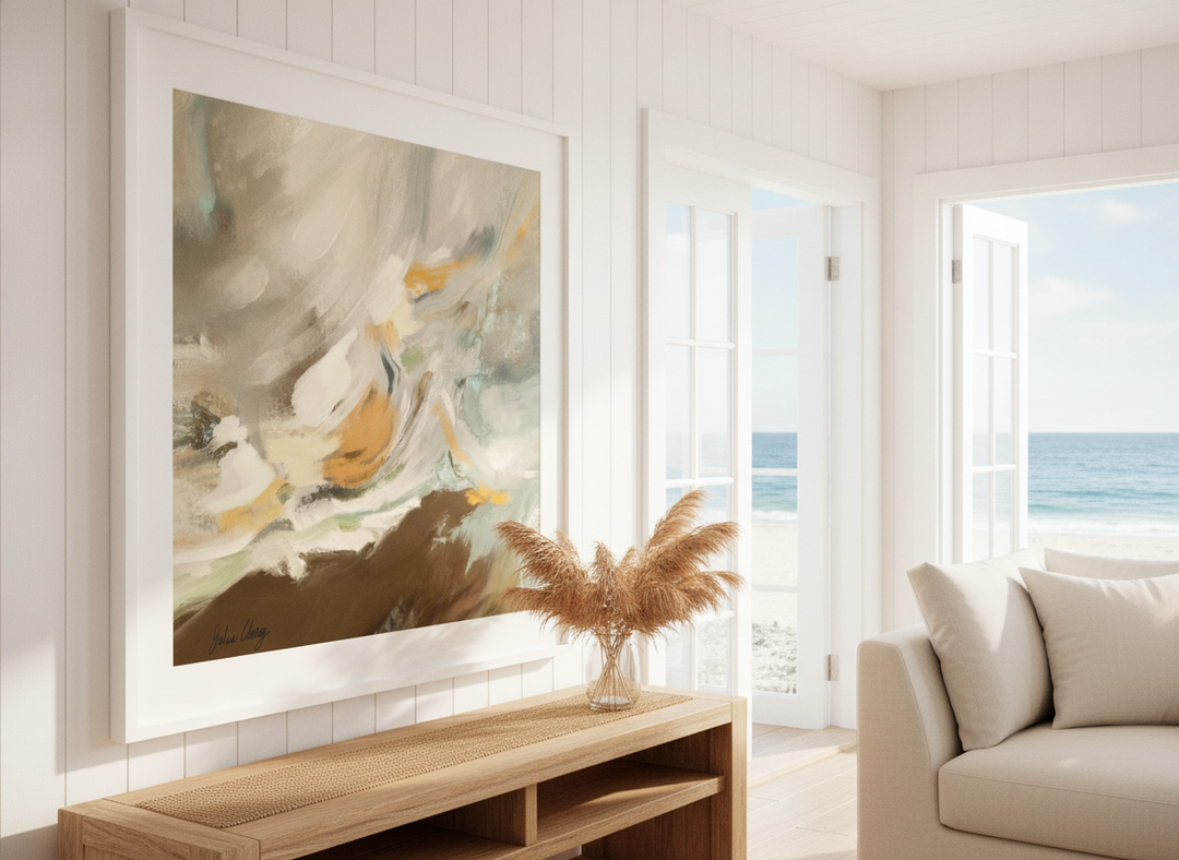 Neutral wall art displayed in a sunny coastal beach house