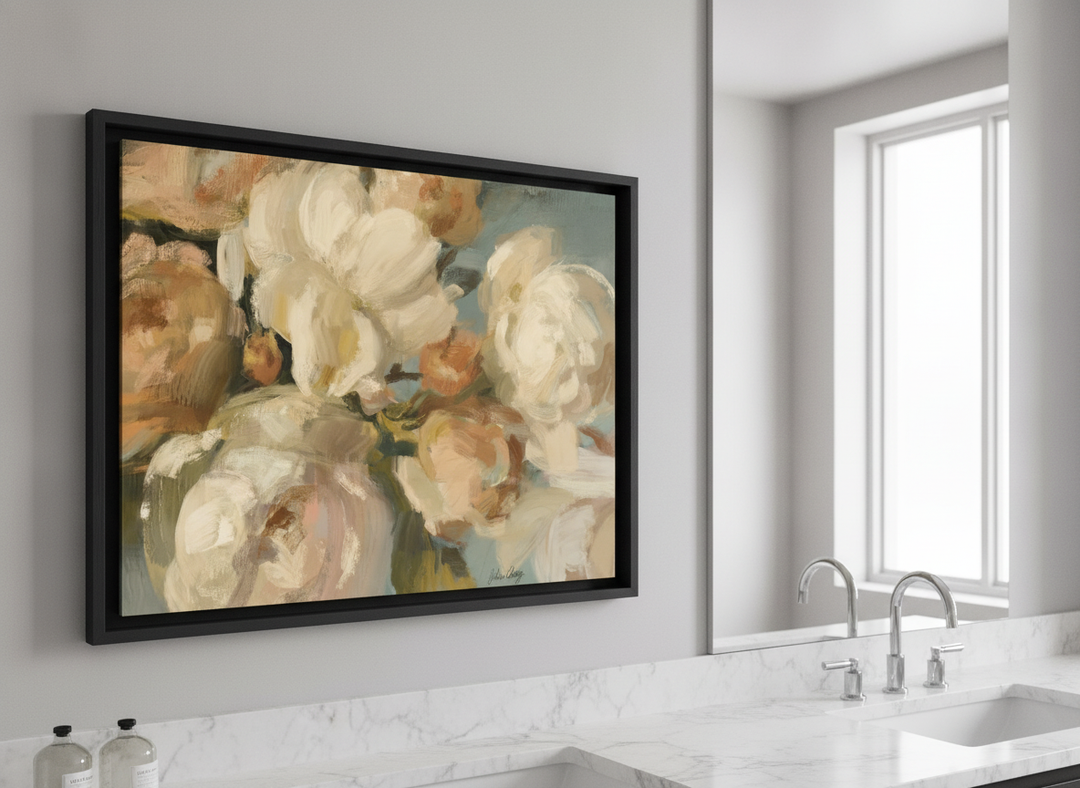 Modern print displayed in a clean minimalist bathroom setting