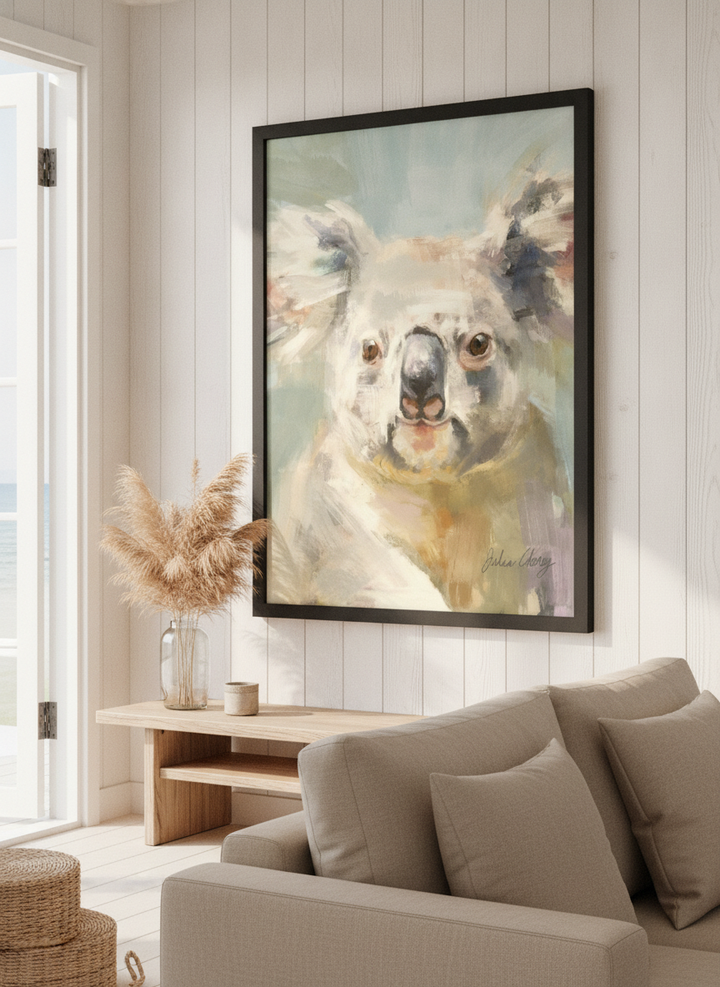 Neutral wall art displayed in a sunny coastal beach house