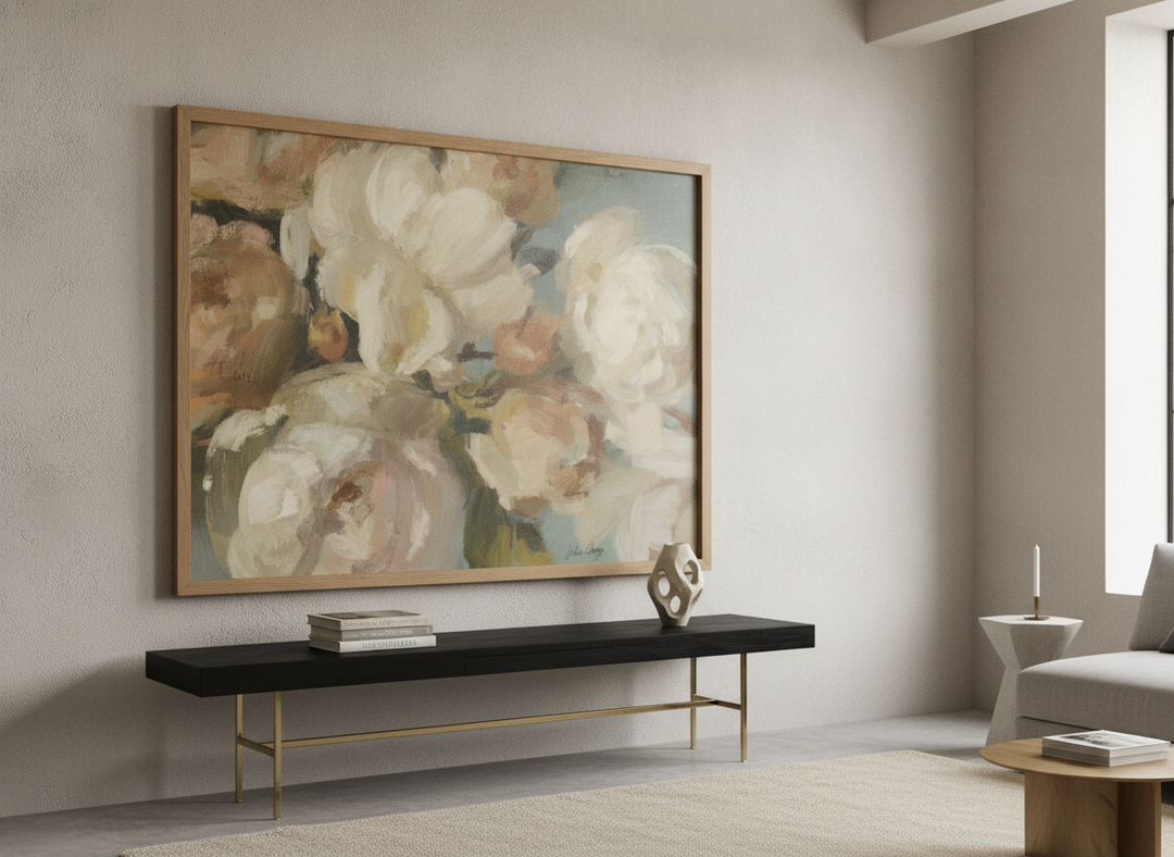 Monumental artwork centred on a feature wall in a luxe interior