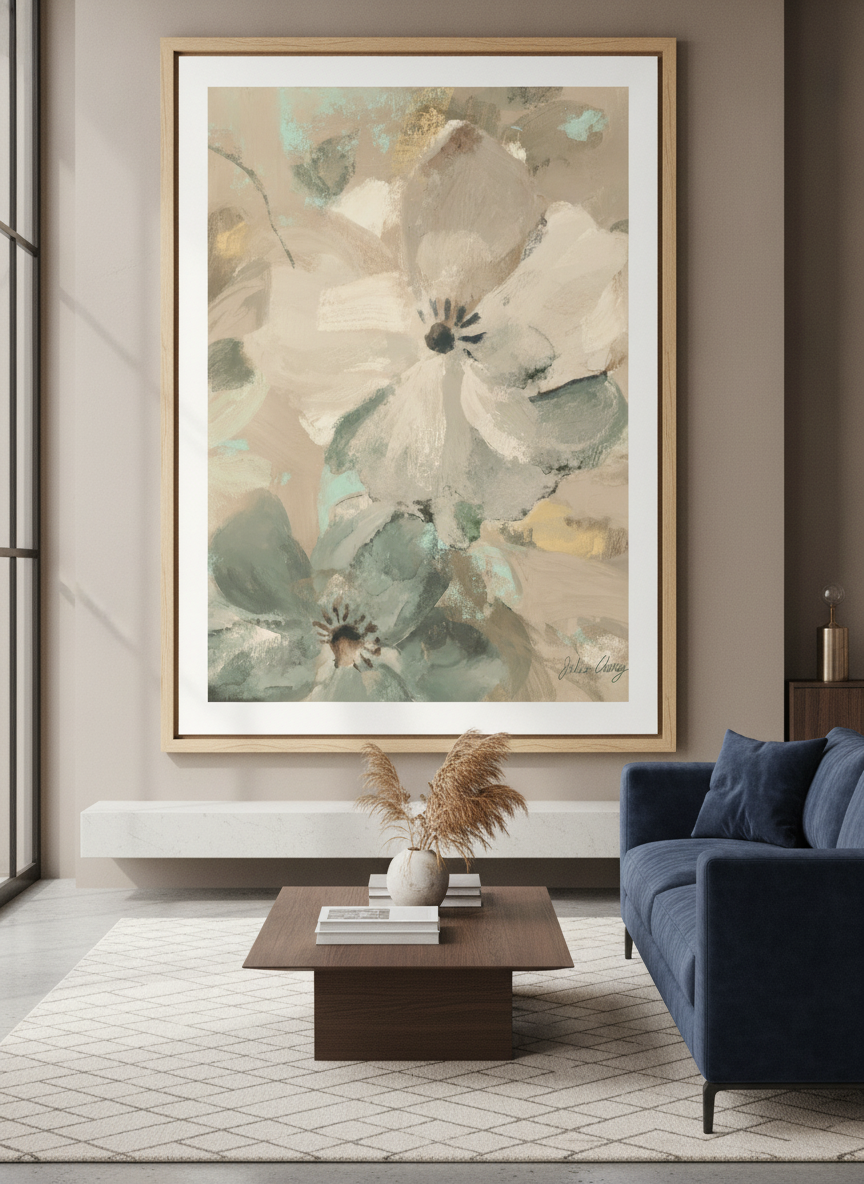 Monumental artwork centred on a feature wall in a luxe interior