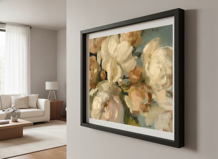 Modern wall art styled above a sofa in a neutral living room