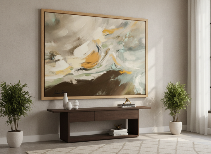 Monumental artwork centred on a feature wall in a luxe interior