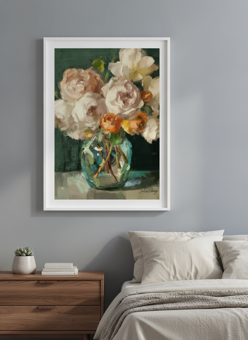Minimalist artwork displayed in a calm, light-filled bedroom interior