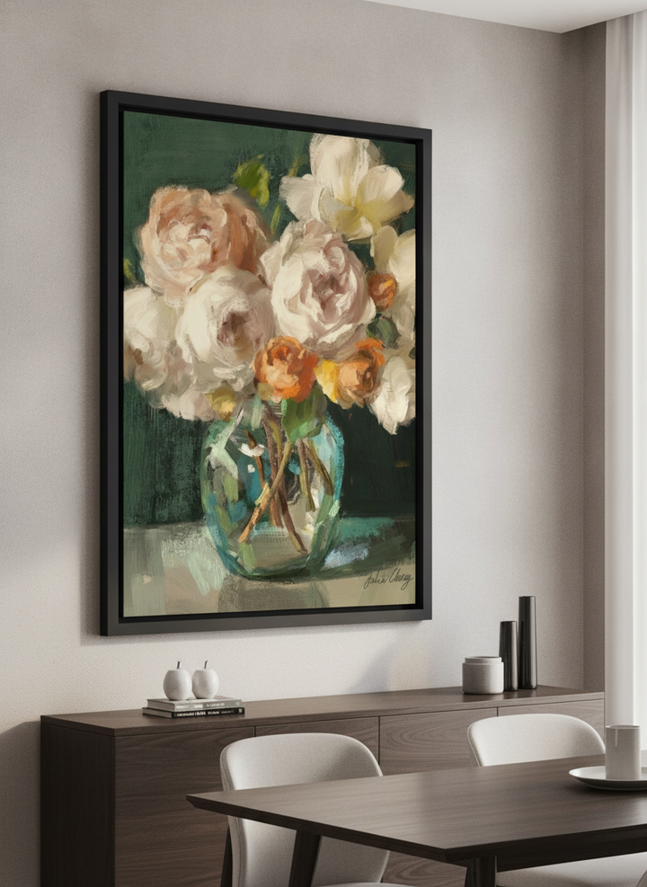 Wall art styled above a dining table in a contemporary home