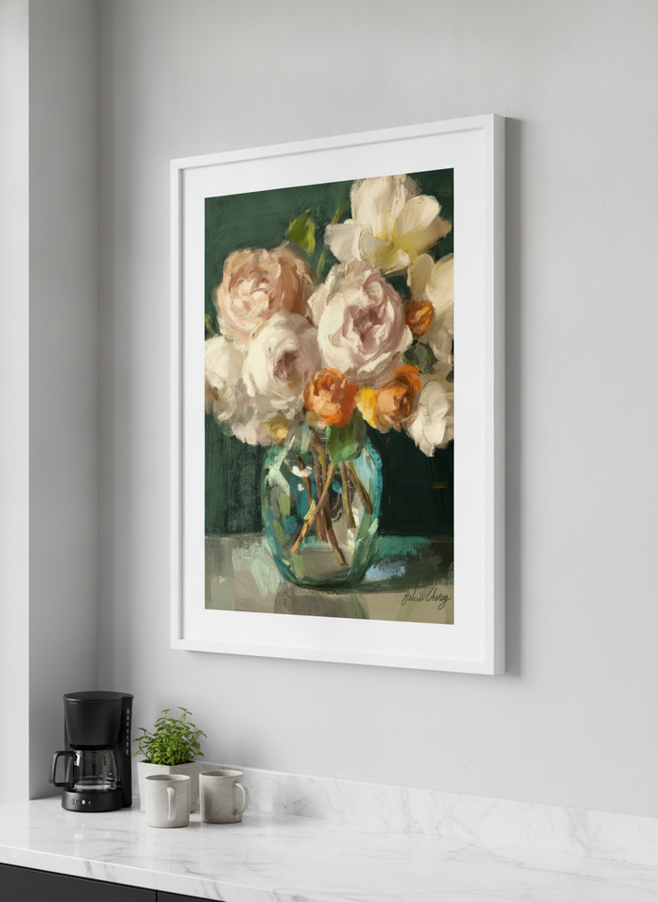 Artwork styled on the wall of a bright modern kitchen