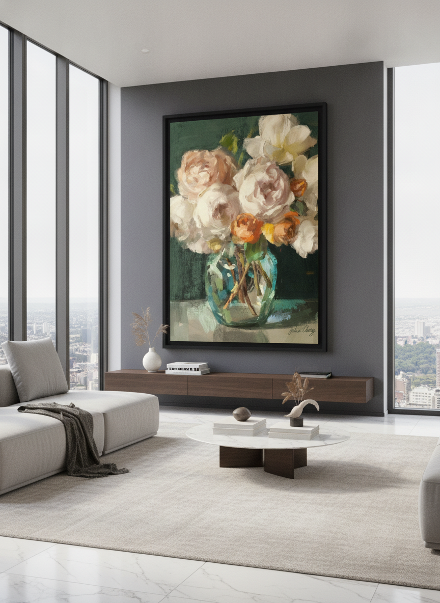 Monumental artwork centred on a feature wall in a luxe interior