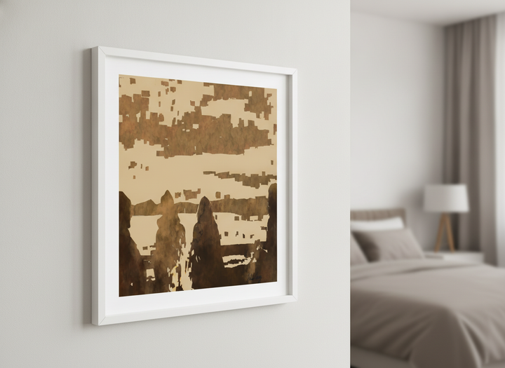 Minimalist artwork displayed in a calm, light-filled bedroom interior