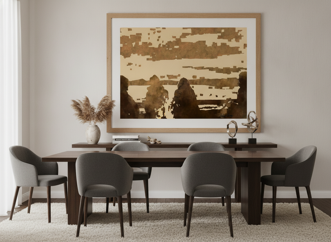 Monumental artwork centred on a feature wall in a luxe interior