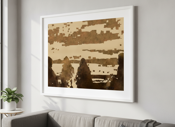 Modern wall art styled above a sofa in a neutral living room
