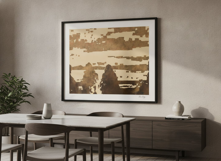 Wall art styled above a dining table in a contemporary home