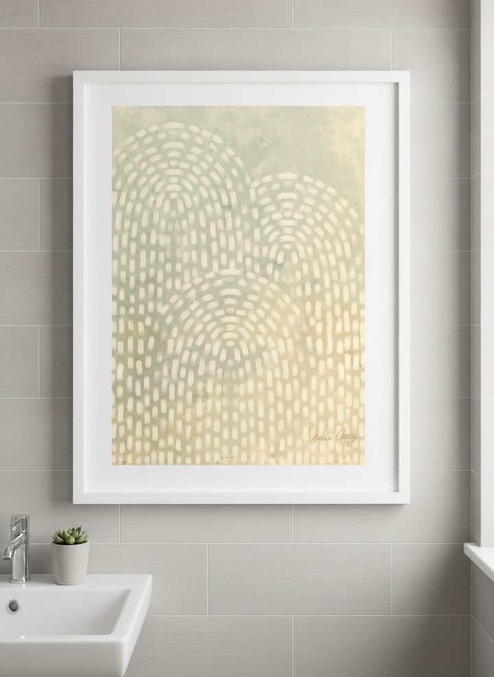 Modern print displayed in a clean minimalist bathroom setting