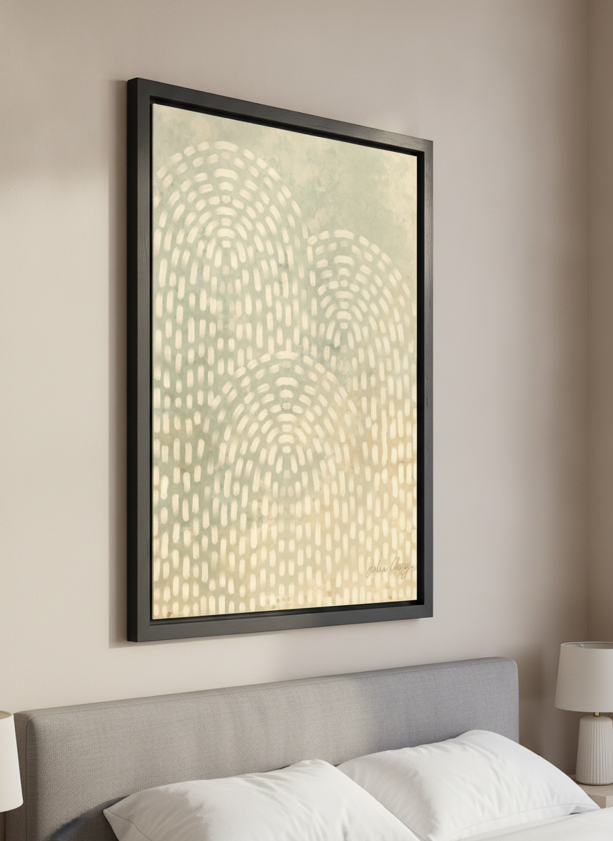 Minimalist artwork displayed in a calm, light-filled bedroom interior