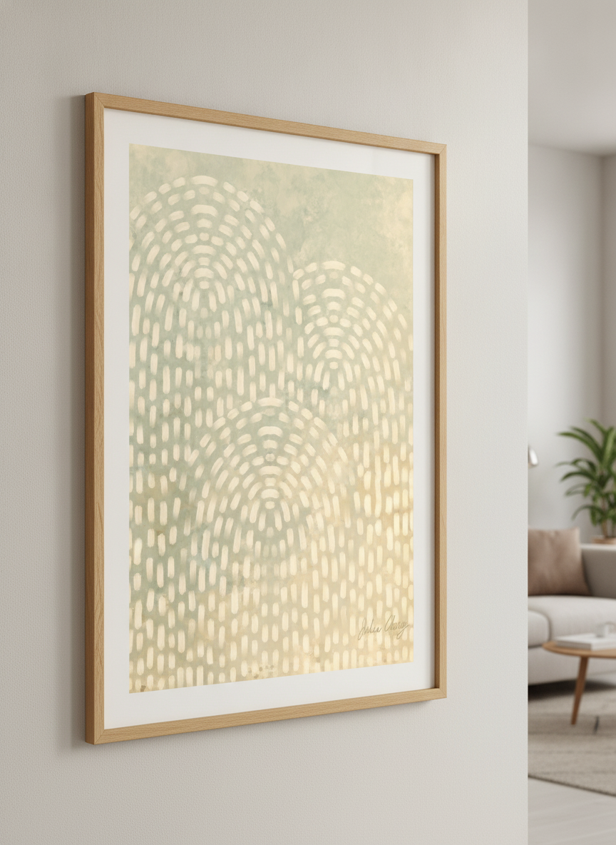 Modern wall art styled above a sofa in a neutral living room