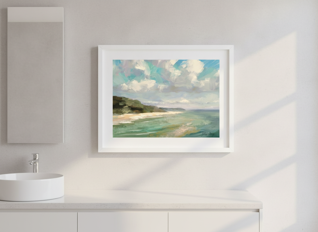 Modern print displayed in a clean minimalist bathroom setting